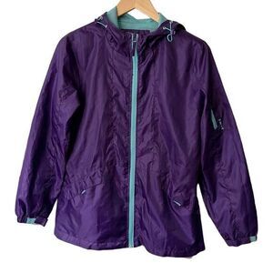 Hind Long Sleeve Purple & Blue Zip Up Hooded Raincoat. Jacket. Pockets. Small.